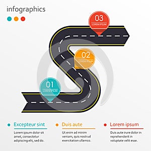 Winding road with 3 steps, options or levels. Step by step infographics template with asphalt road in shape of arrow. Vector illus